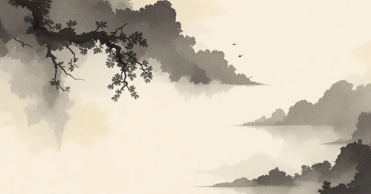 Sumi-e ink-wash illustration: a single river branching into several gentle streams amid drifting mist.