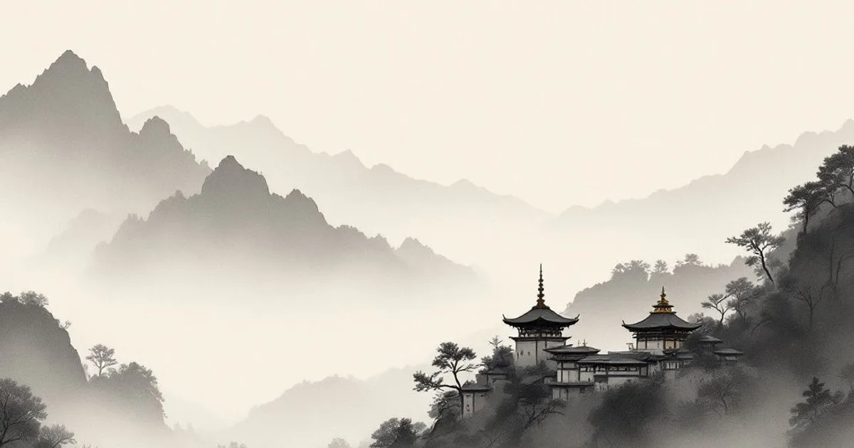 Sumi-e ink-wash illustration: distant mountain monasteries fading into layered fog.