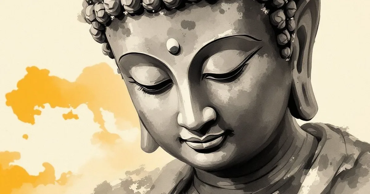 Sumi-e ink-wash illustration: a serene stone Buddha statue, eyes lowered, half in soft shadow.