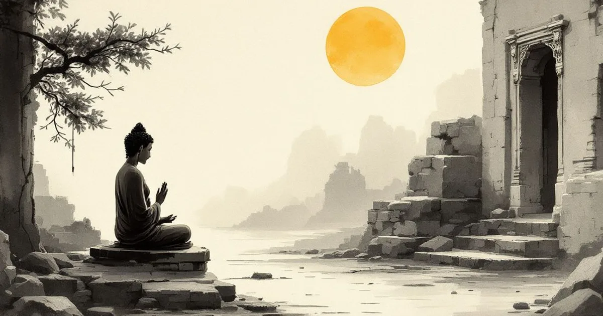 Sumi-e ink-wash illustration: a weathered stone Buddha seated among quiet temple ruins.