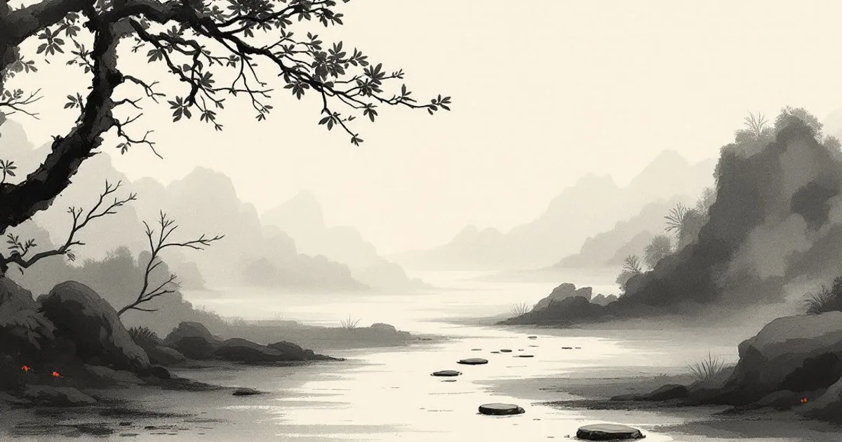 Sumi-e ink-wash illustration: a single first footstep pressed into a stone path at dawn.