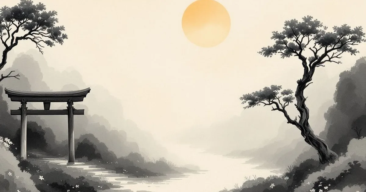 Sumi-e ink-wash illustration: an open wooden gate leading onto a path that fades into soft mist.