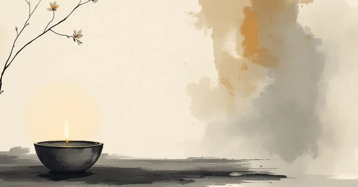 Sumi-e ink-wash illustration: a simple home altar with a small bowl, a candle and a single flower.