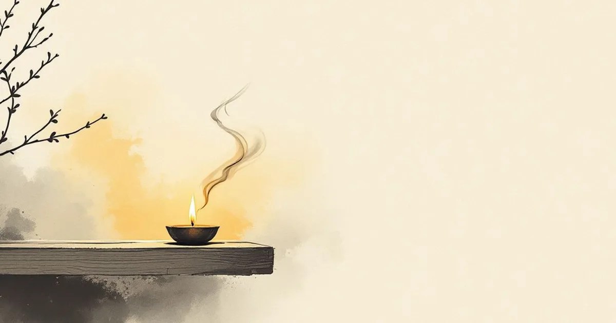 Sumi-e ink-wash illustration: a single lit candle and a wisp of incense smoke on a wooden shelf.