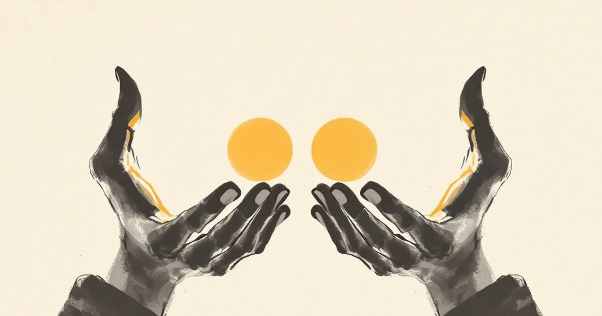 Sumi-e ink-wash illustration: two open cupped hands held out in a quiet gesture of giving.