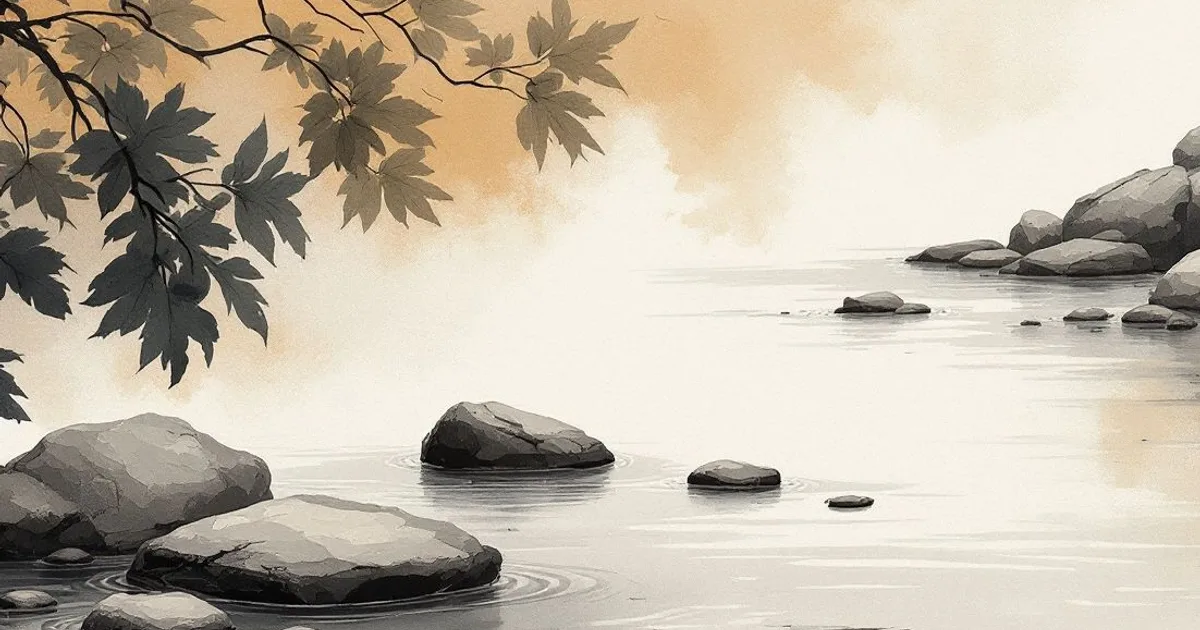 Sumi-e ink-wash illustration: a clear stream running clean over smooth river stones.
