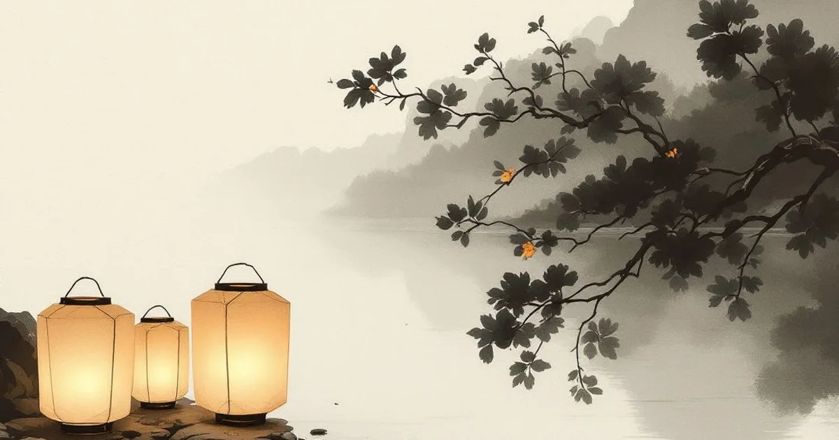 Sumi-e ink-wash illustration: paper lanterns glowing softly at dusk beside still water.