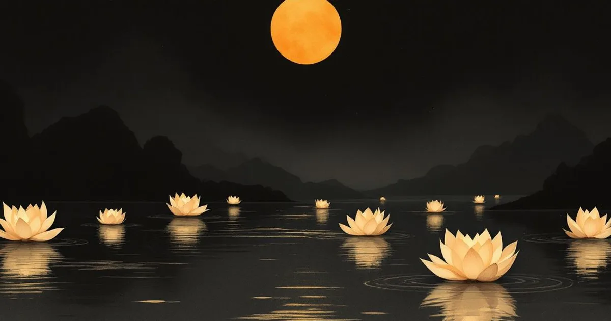 Sumi-e ink-wash illustration: lotus-shaped lanterns floating on a calm, dark river at night.