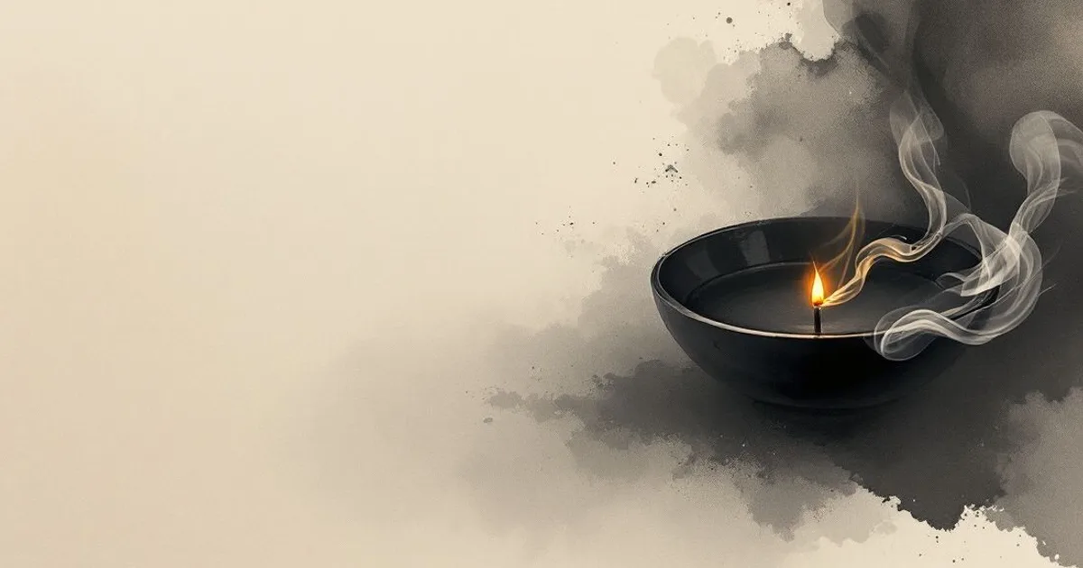 Sumi-e ink-wash illustration: a stick of incense glowing softly at its tip in gentle darkness.