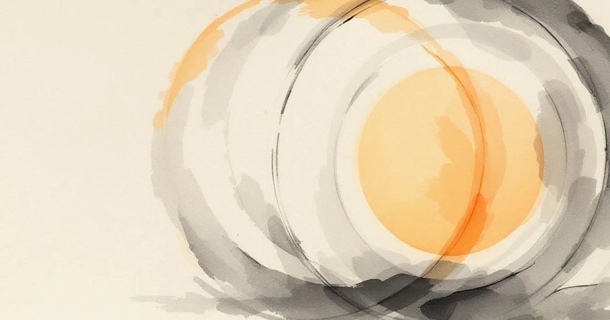 Sumi-e ink-wash illustration: concentric rings of soft light radiating from a single still centre.