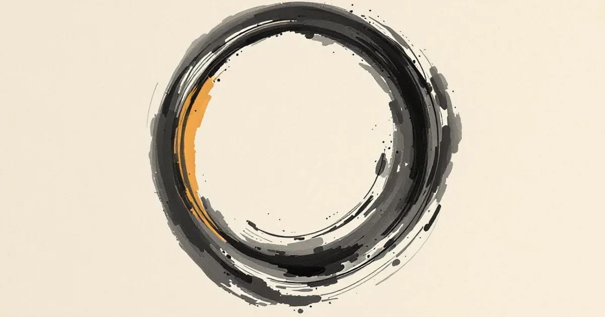 Sumi-e ink-wash illustration: a symmetrical circular pattern suggested in fine ink and a touch of saffron.