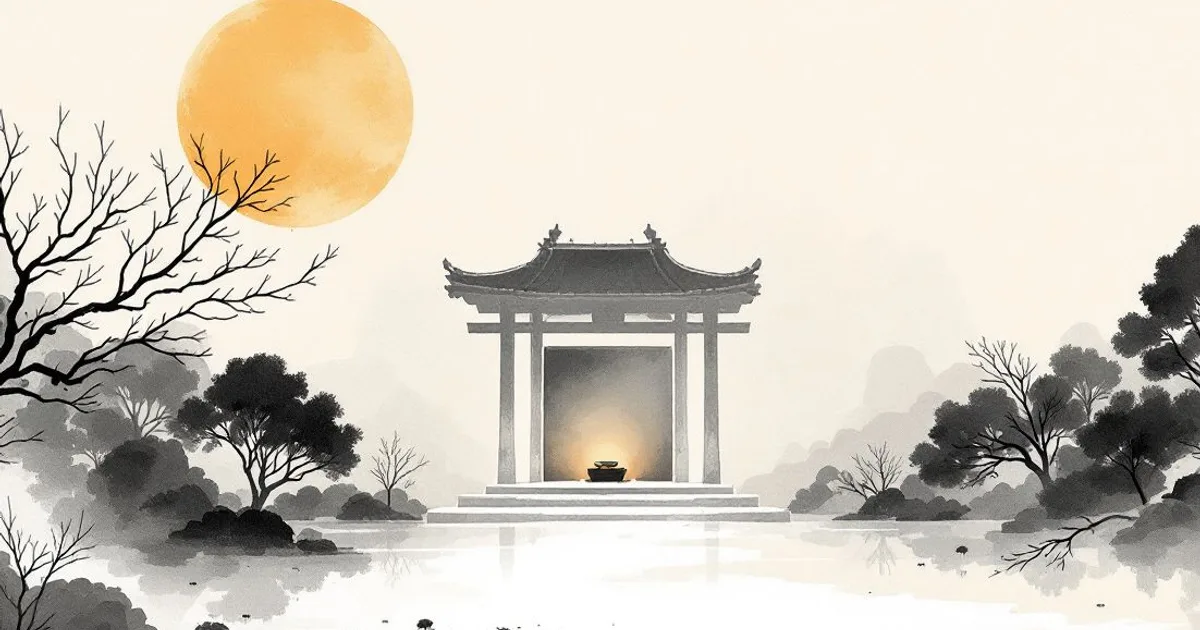 Sumi-e ink-wash illustration: a quiet temple shrine with simple offerings in soft light.