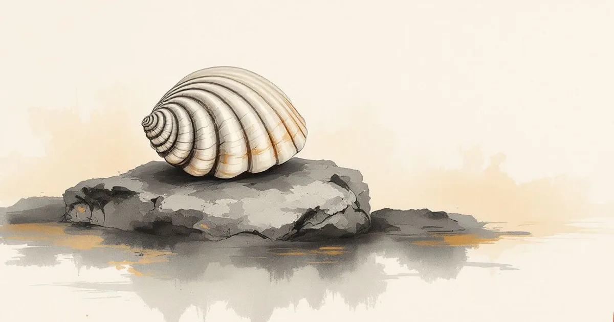 Sumi-e ink-wash illustration: a single conch shell resting on weathered stone.