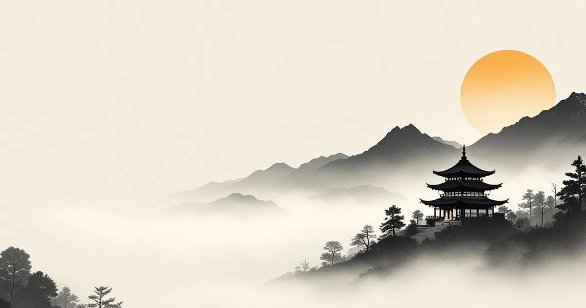 Sumi-e ink-wash illustration: a temple roofline rising gracefully above morning mist.