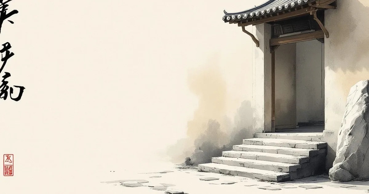Sumi-e ink-wash illustration: a quiet temple courtyard with worn stone steps in soft light.