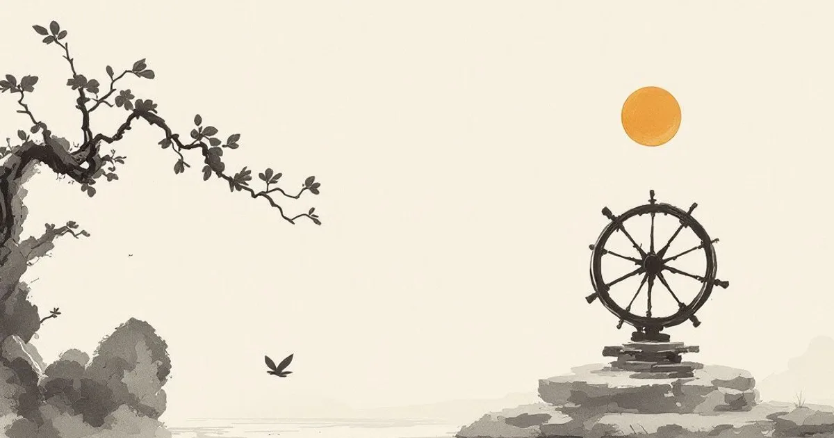 Sumi-e ink-wash illustration: an eight-spoked dharma wheel suggested in a few flowing ink strokes.
