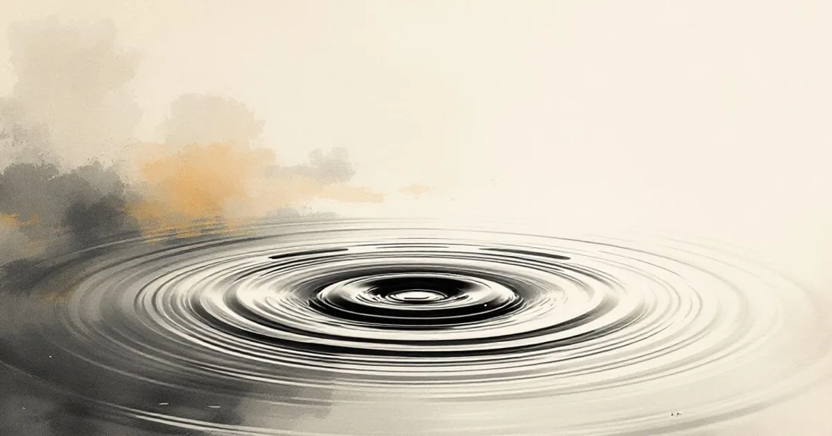 Sumi-e ink-wash illustration: concentric ripples spreading across the still surface of a quiet pond.