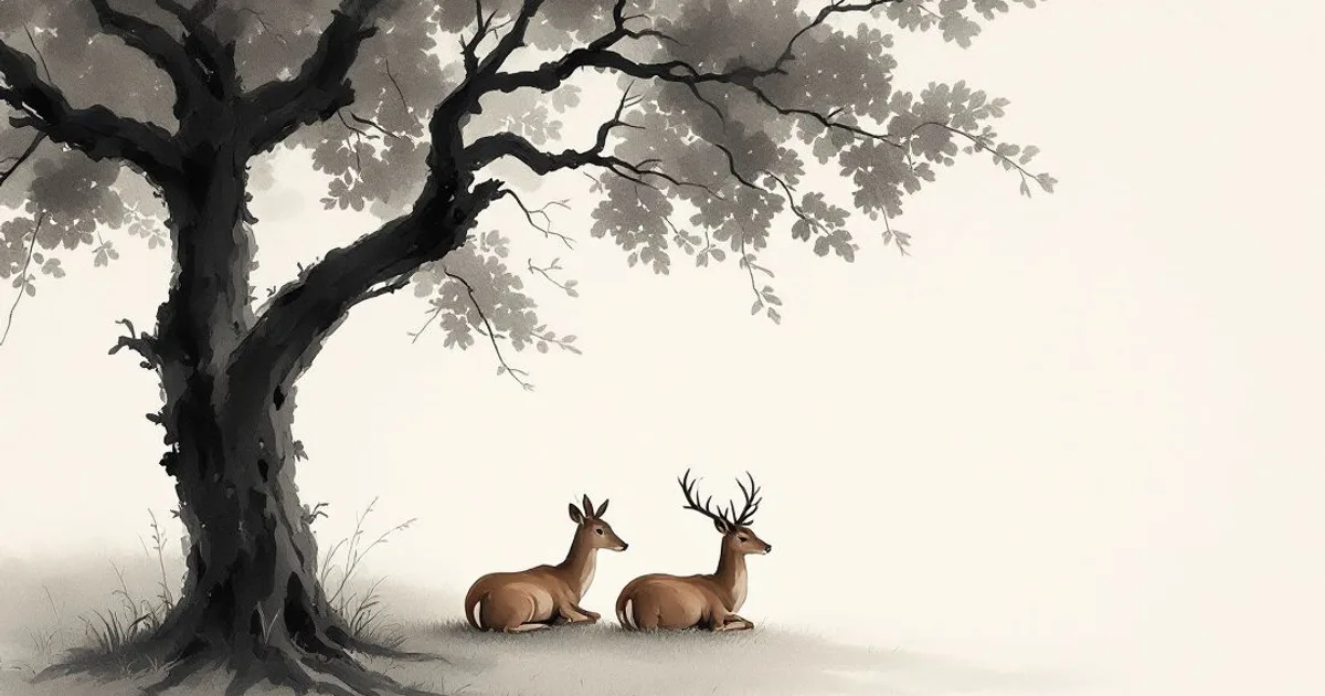 Sumi-e ink-wash illustration: two deer resting peacefully in a quiet grove at first light.