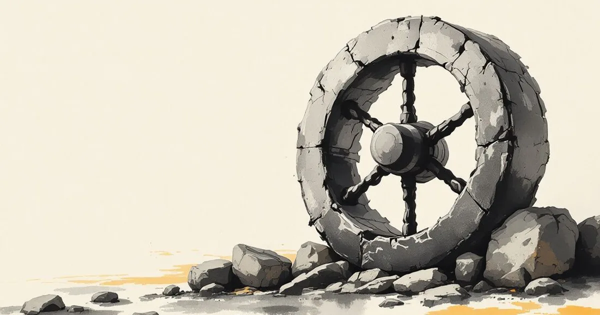 Sumi-e ink-wash illustration: an ancient carved stone wheel weathered smooth by time.