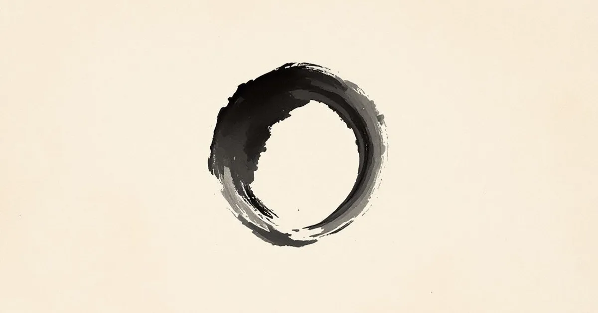 Sumi-e ink-wash illustration: a single ensō, an incomplete circle brushed in one stroke of ink.