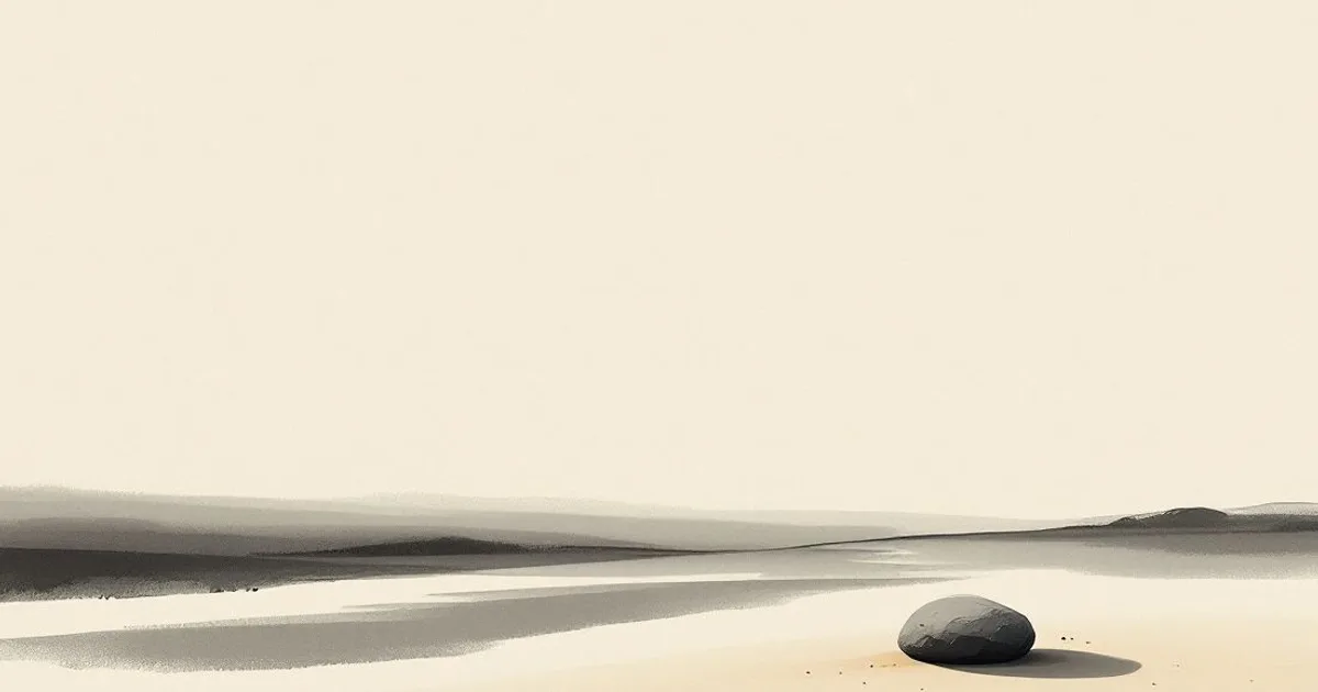 Sumi-e ink-wash illustration: a raked dry sand garden with a single placed stone.