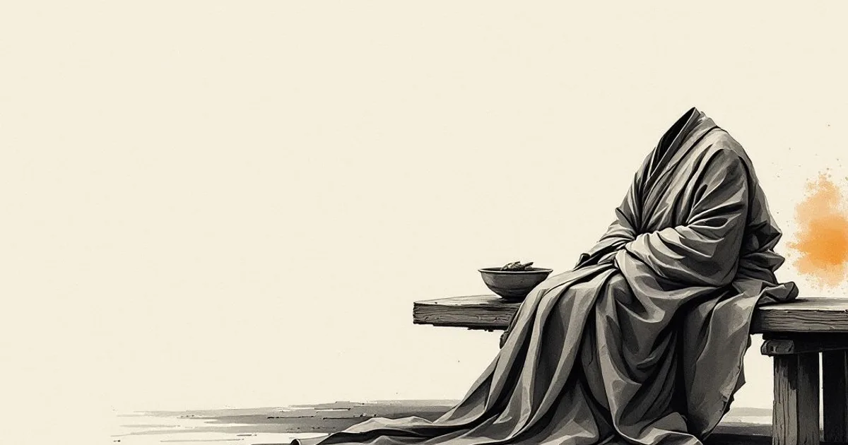 Sumi-e ink-wash illustration: a folded monastic robe resting on a plain wooden bench.