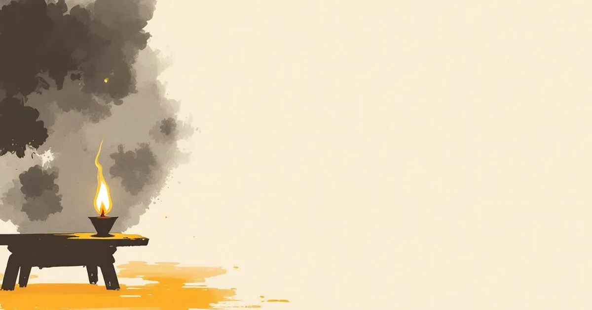 Sumi-e ink-wash illustration: a single oil lamp burning quietly in a dim hall.