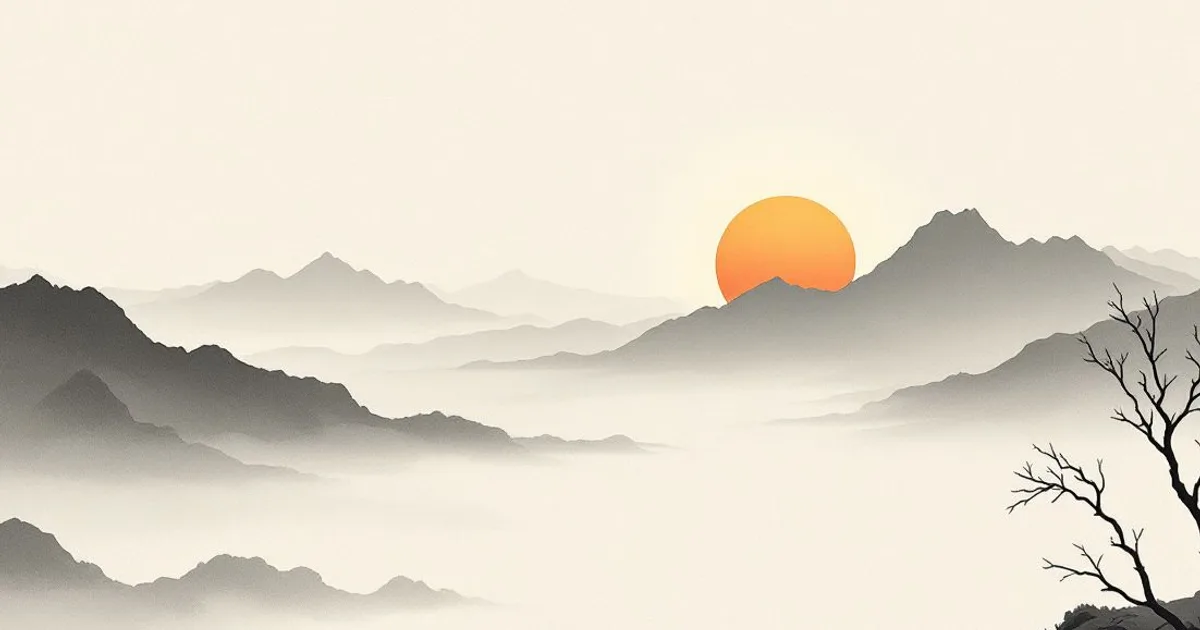 Sumi-e ink-wash illustration: the first light of dawn rising over layered misty mountains.