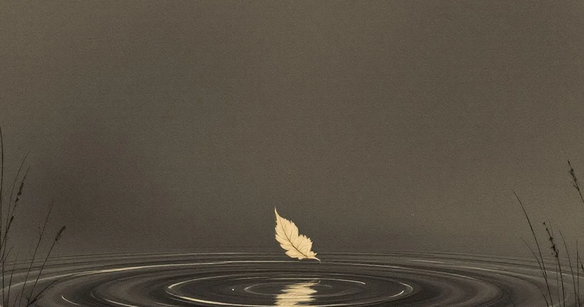 Sumi-e ink-wash illustration: a single dry leaf falling onto still water, with faint ripples spreading outward.