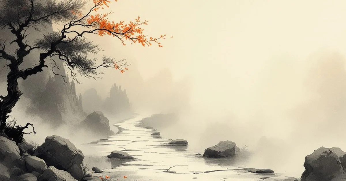Sumi-e ink-wash illustration: an ancient pilgrim path worn into stone, fading into mist.