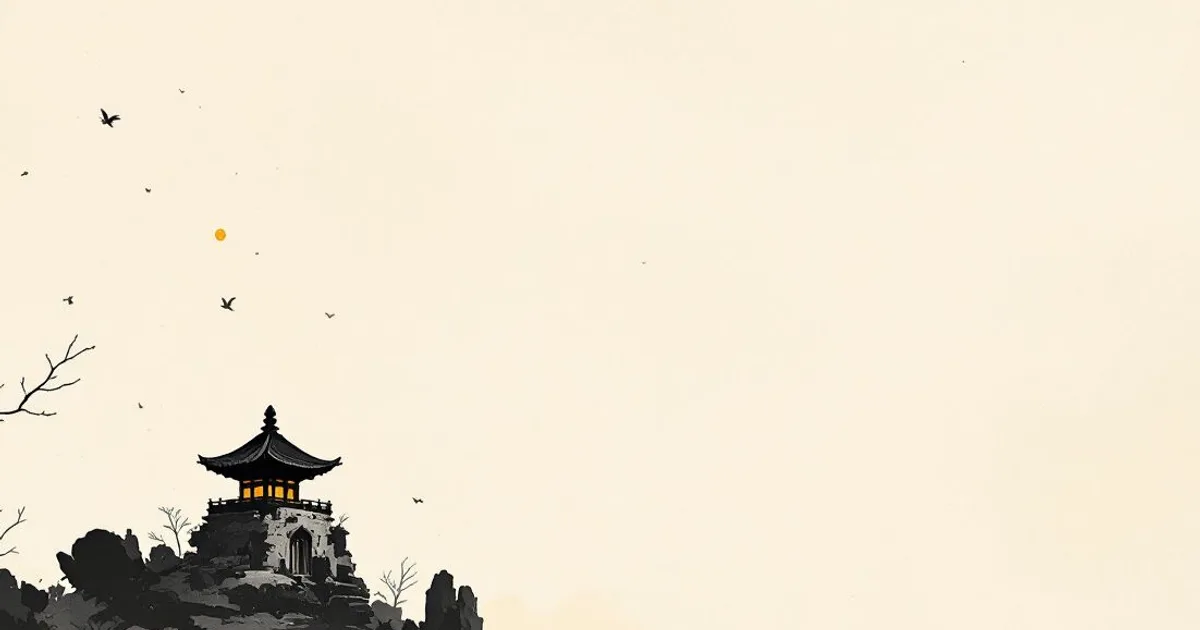 Sumi-e ink-wash illustration: a weathered stone stupa in silhouette against a dim sky.