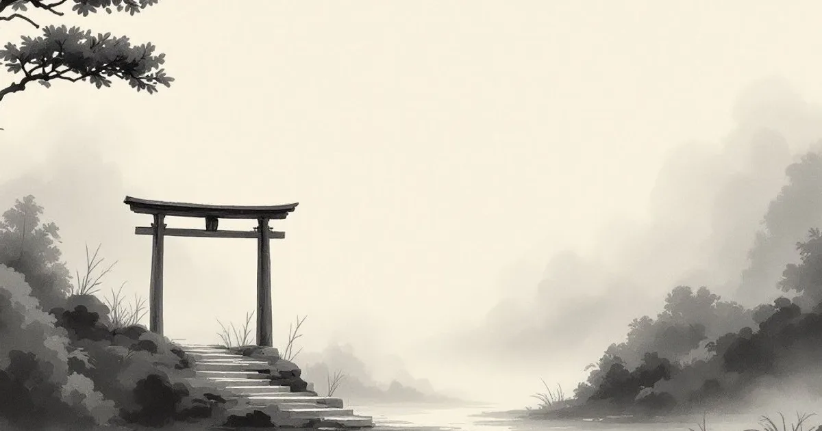 Sumi-e ink-wash illustration: an open wooden gate at the start of a path fading into morning mist.