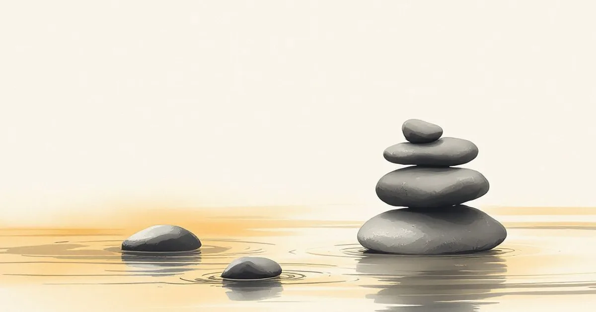 Sumi-e ink-wash illustration: three smooth stones stacked steadily beside calm water.