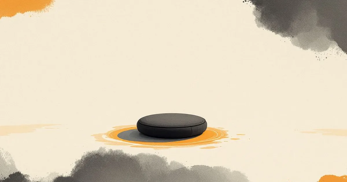 Sumi-e ink-wash illustration: a single round meditation cushion centred in a pool of soft morning light.