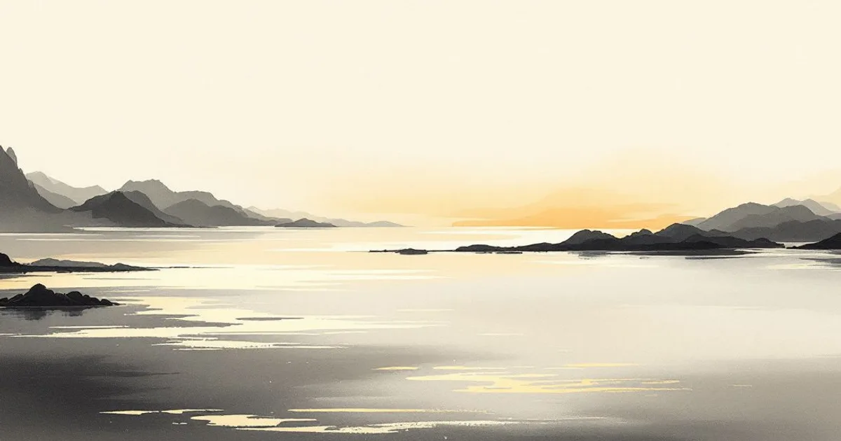 Sumi-e ink-wash illustration: a faint ribbon of breath-like mist drifting over still water.
