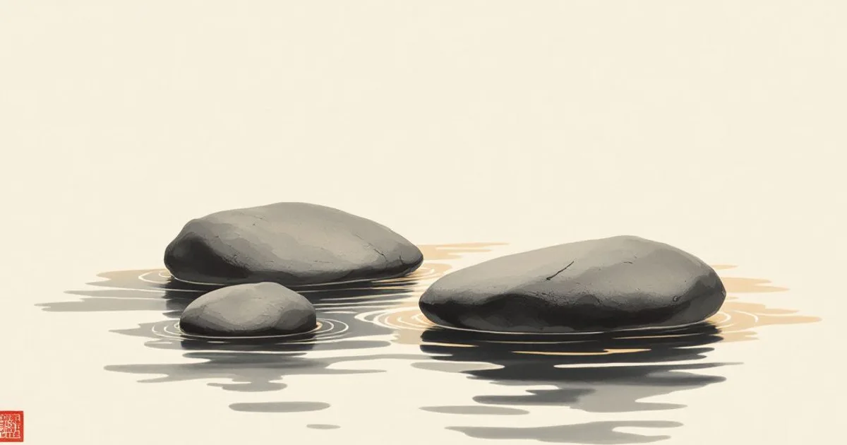 Sumi-e ink-wash illustration: three smooth river stones resting together in still water.