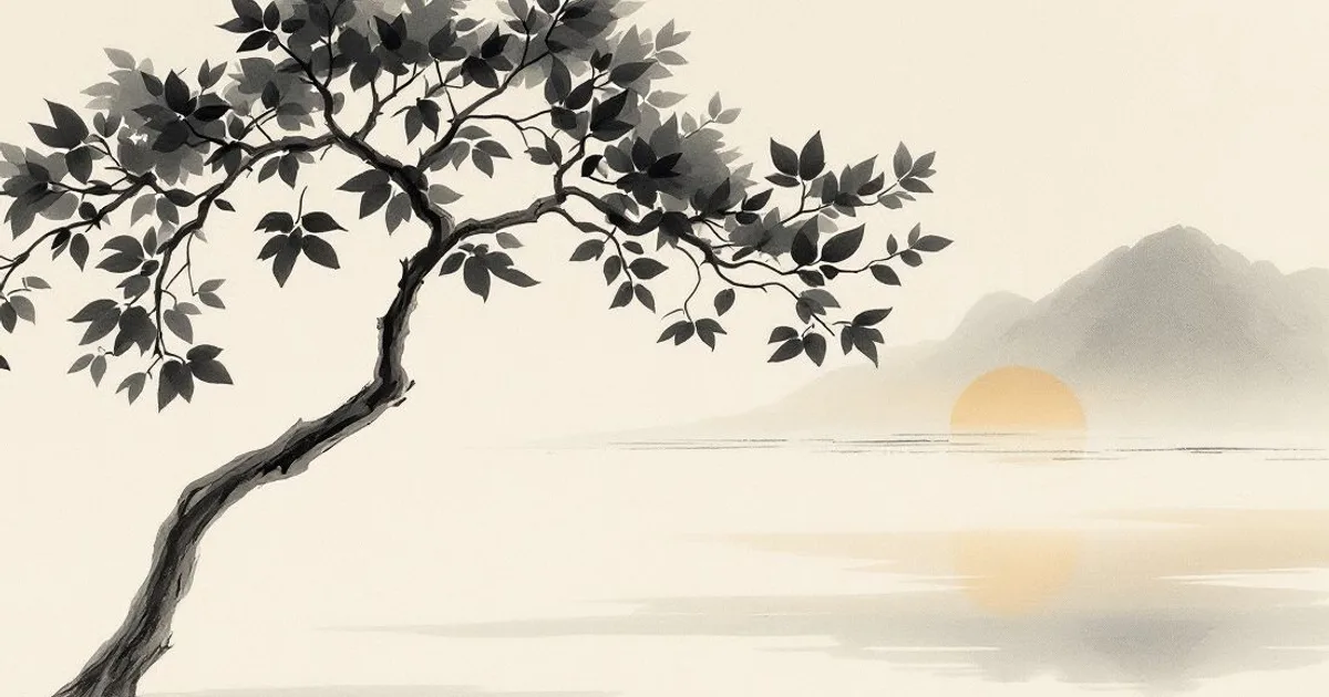 Sumi-e ink-wash illustration: a sheltering tree leaning over a quiet, calm pool.