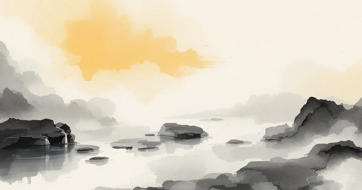 Sumi-e ink-wash illustration: two quiet streams meeting and merging in morning mist.