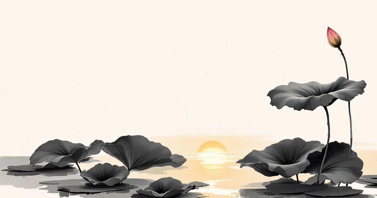 Sumi-e ink-wash illustration: a quiet lotus pond at dawn, broad floating leaves and one rising bud.
