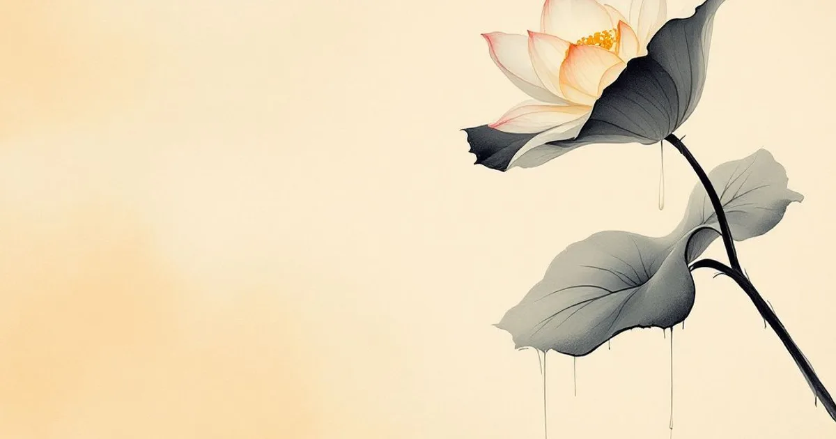 Sumi-e ink-wash illustration: raindrops beading and rolling off the surface of a lotus leaf.