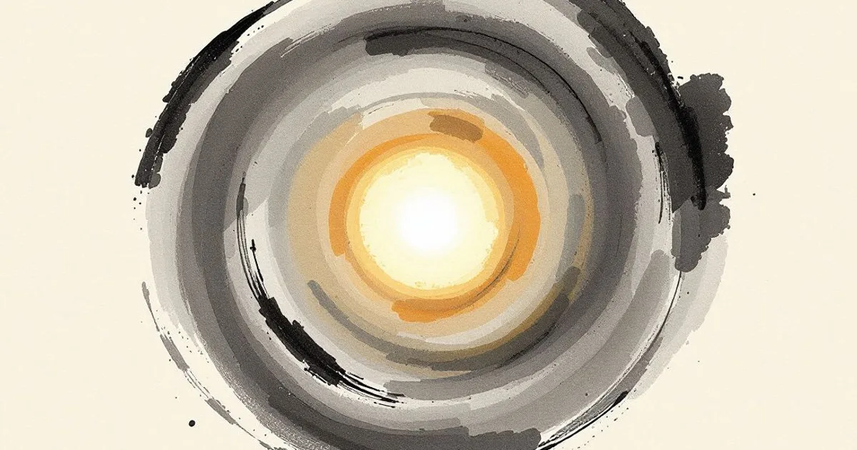 Sumi-e ink-wash illustration: soft warm light radiating gently outward in widening concentric rings.