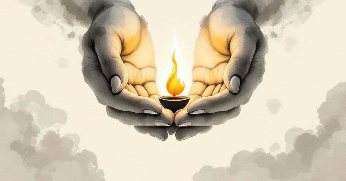 Sumi-e ink-wash illustration: two cupped hands holding a small, steady flame.