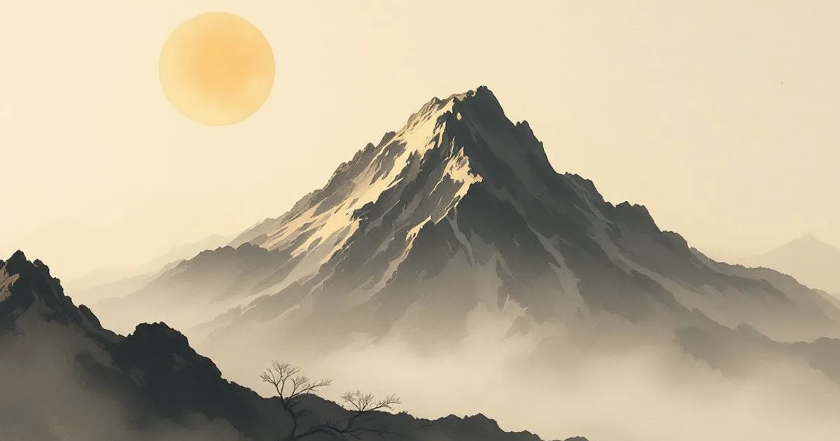 Sumi-e ink-wash illustration: a single mountain standing steady and unhurried in still morning air.