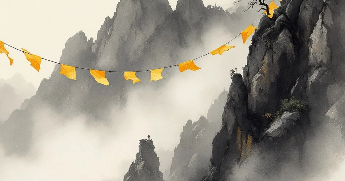 Sumi-e ink-wash illustration: weathered prayer flags strung across a high, misty mountain pass.