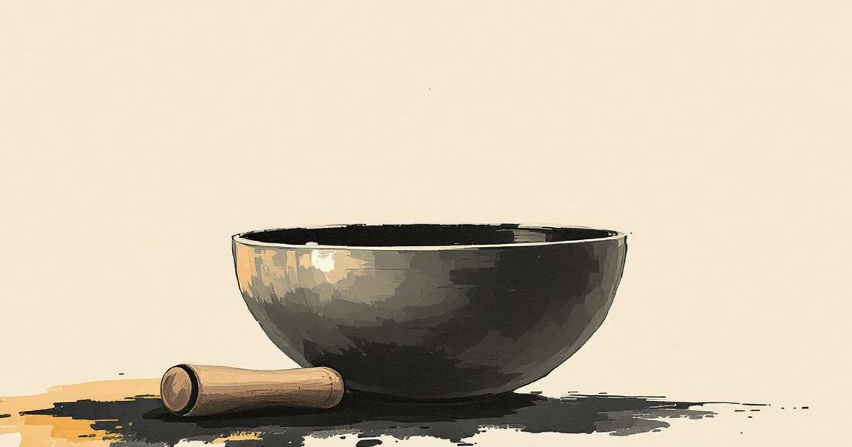 Sumi-e ink-wash illustration: a single metal singing bowl with a wooden striker resting beside it.