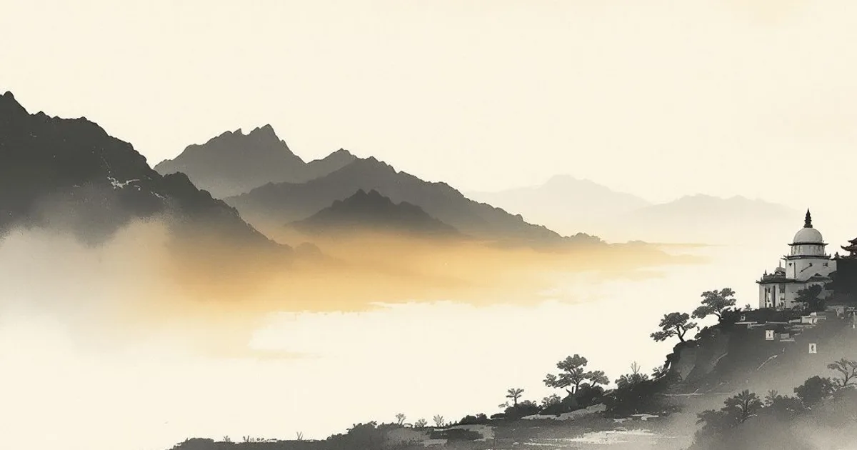 Sumi-e ink-wash illustration: a white dome stupa in silhouette against a soft dawn sky.