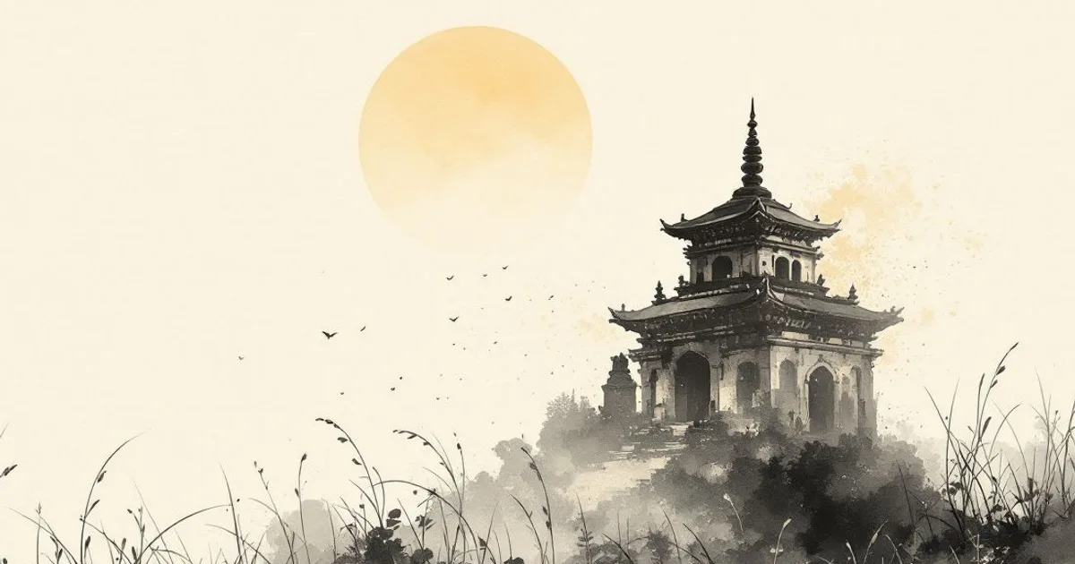 Sumi-e ink-wash illustration: an ancient weathered stupa rising among quiet grasses.