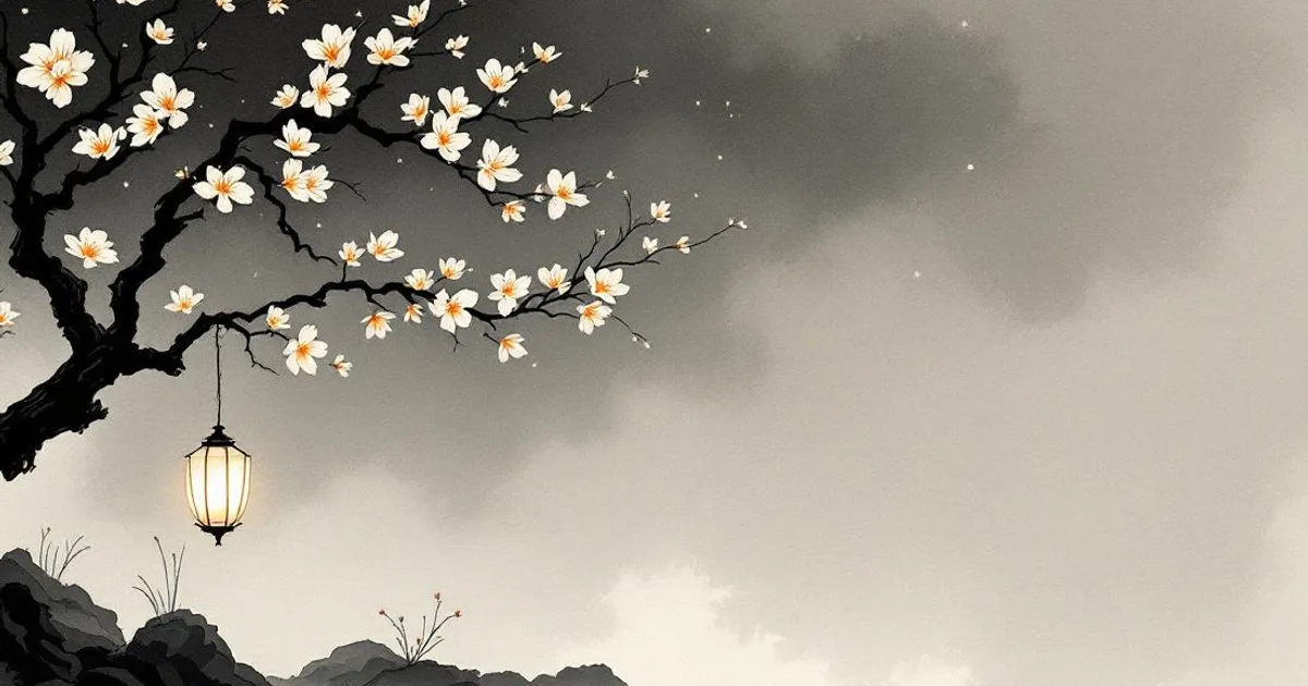 Sumi-e ink-wash illustration: a single glowing lantern beside a blossoming branch at night.