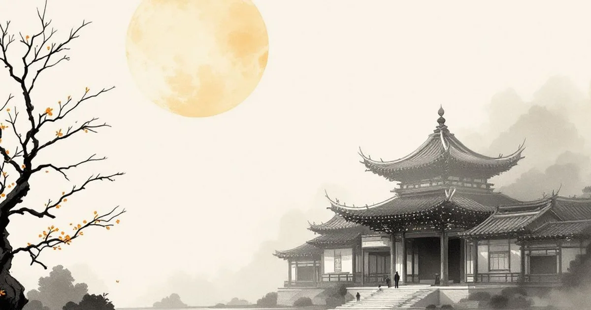 Sumi-e ink-wash illustration: soft full-moon light over a quiet temple courtyard.
