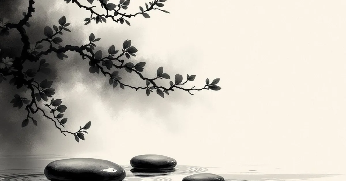 Sumi-e ink-wash illustration: clear still water revealing the smooth stones resting on the bed below.